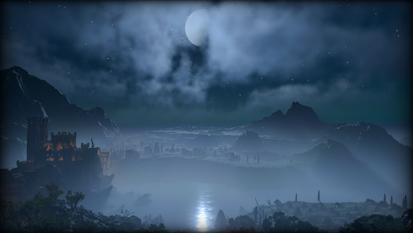 A moonlit Baldur's Gate 3 landscape with a castle, lake, mountains, and a star-filled sky.